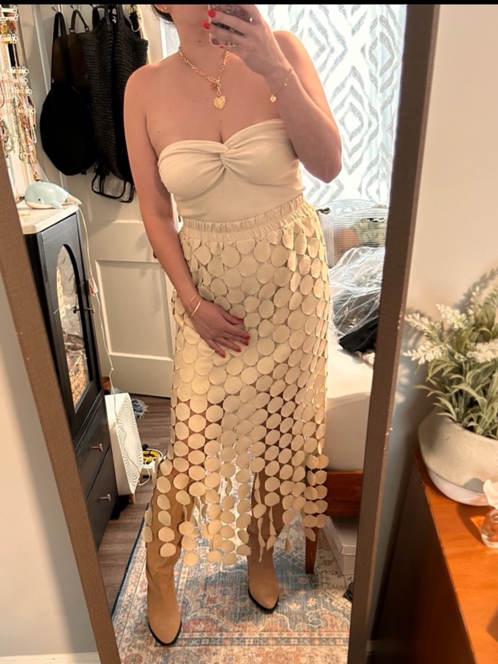 Beige Circle Appliqué Midi Skirt - Elegant Women's Skirt - Picture 2 of 7